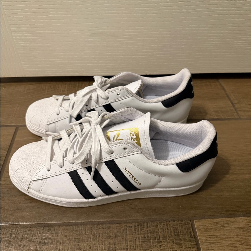 Adidas Superstar ADV White Sneakers with Black Stripes and Gold Accents - Picture 3 of 10